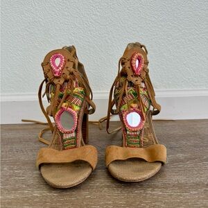 Sam Edelman Boho Beaded Tan Suede Women’s Heeled Sandals Size 7